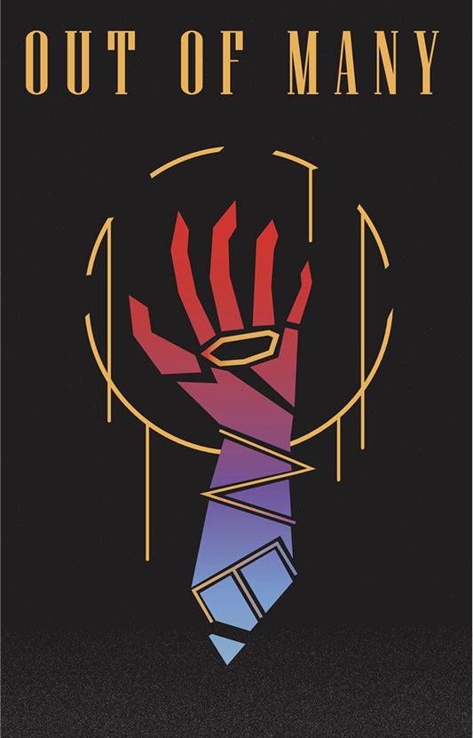 Poster of blue and red fragmented hand inside dripping golden halo